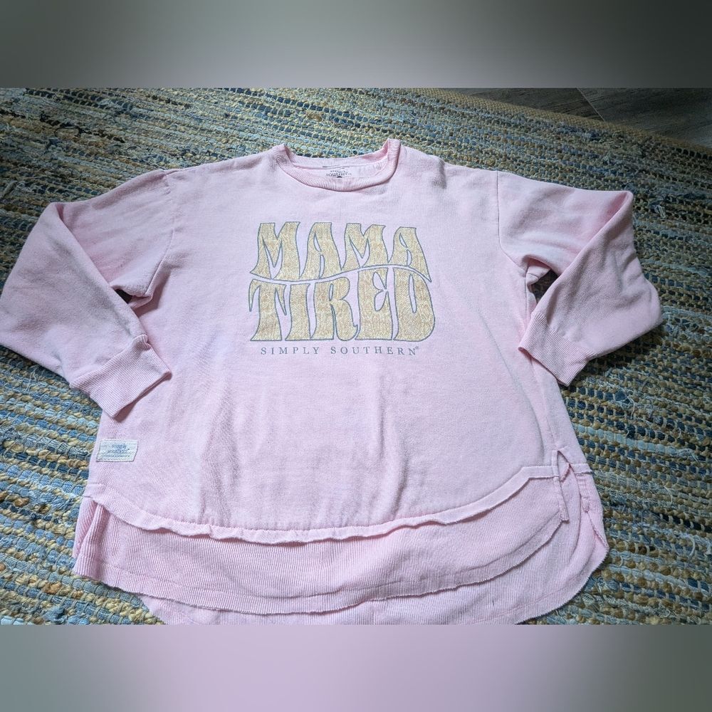 Simply Southern Mama Tired Pink Graphic Pullover Sweatshirt XL Raw Hem Casual - Picture 2 of 6